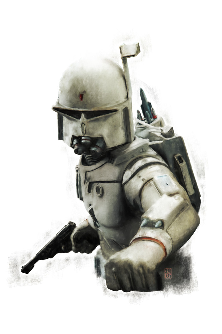 Concept for the bounty hunter in Star Wars, who later became known as Boba Fett.