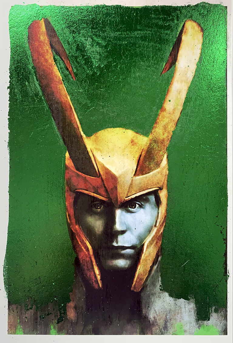 Print of Tom Hiddleston as Loki with metal leaf