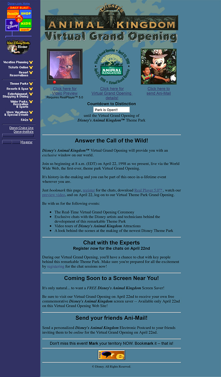 Disney's Animal Kingdom Virtual Grand Opening teaser page