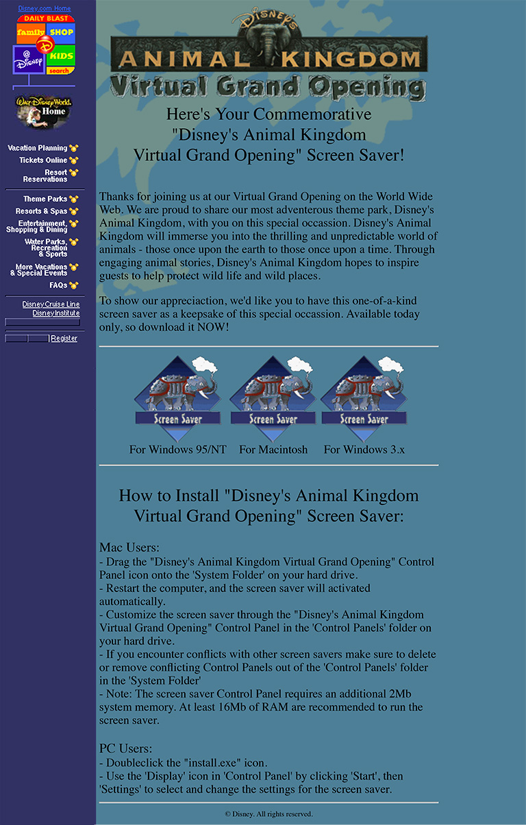 Disney's Animal Kingdom Virtual Grand Opening Screen Saver page