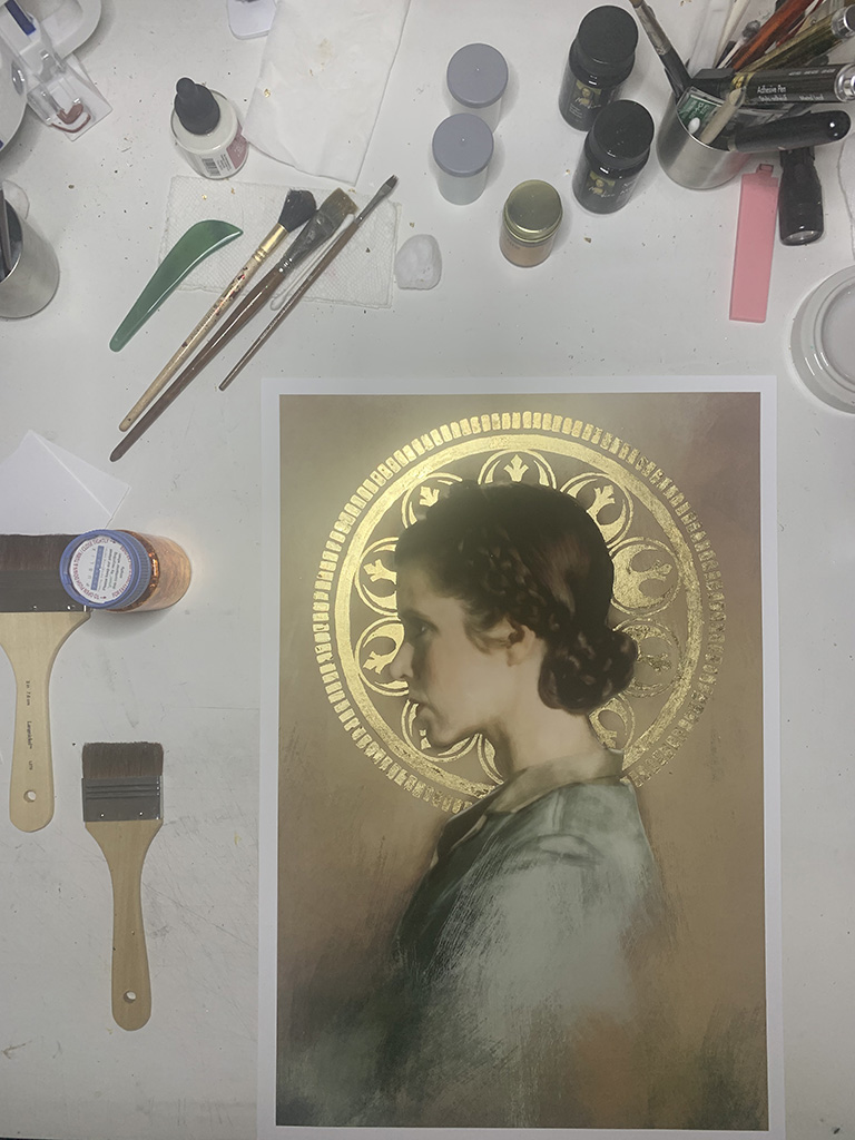 View of work in progress of portrait of Princess Leia
