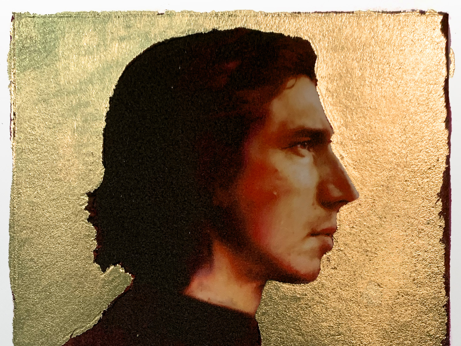 Detail of gold-leaf portrait of Kylo Ren