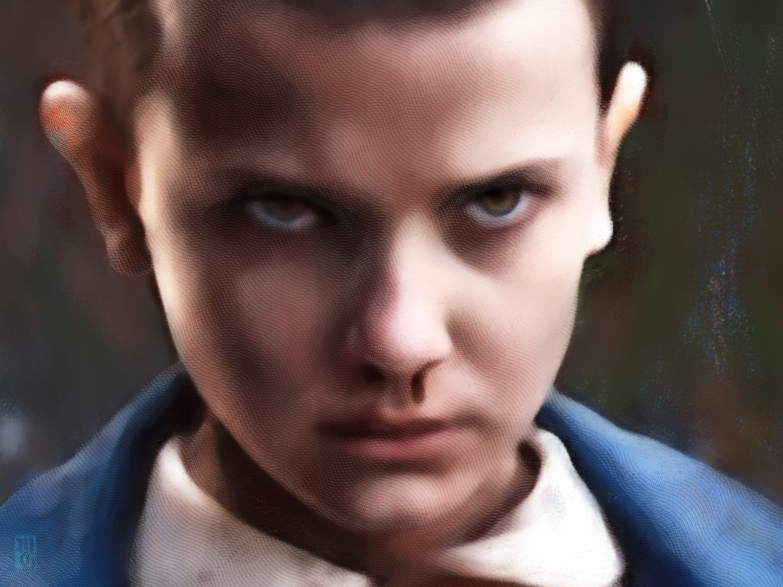 Detail of portrait of Millie Bobby Brown as Eleven from "Stranger Things" on Netflix