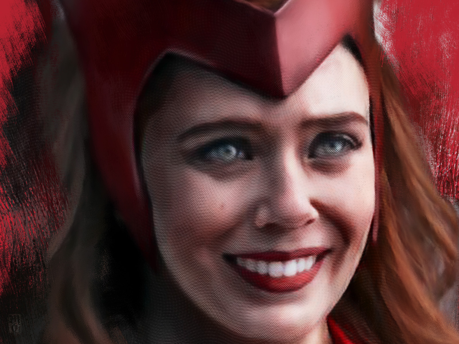 Detail of portrait of Elizabeth Olsen as her alter ego Wanda Maximoff, better known as the Scarlett Witch from the Marvel Universe of stories.