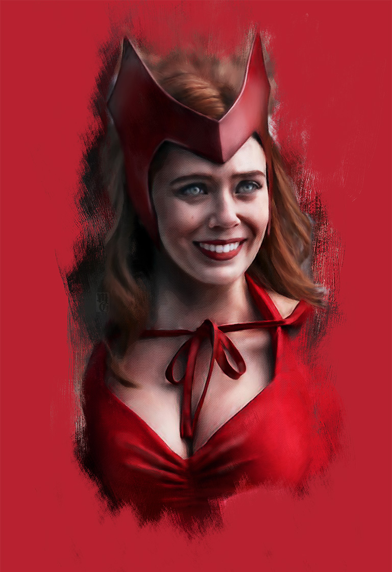 Portrait of Elizabeth Olsen as her alter ego Wanda Maximoff, better known as the Scarlett Witch from the Marvel Universe of stories.