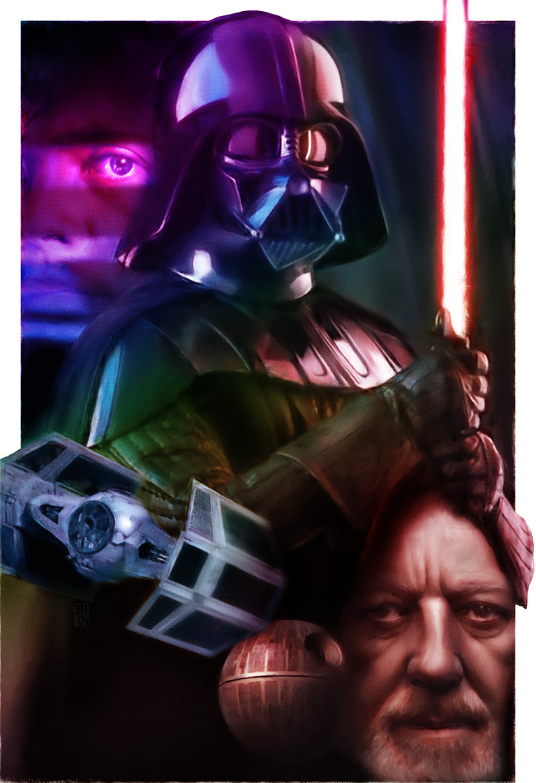 Composite illustration of Darth Vader, Obi-Wan Kenobi, and Luke Skywalker