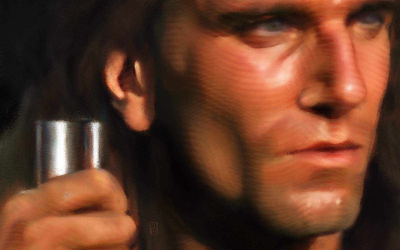 Detail of portrait of Daniel Day-Lewis as Hawkeye