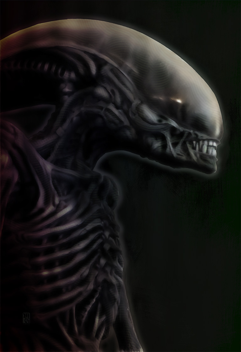 Illustration of a Xenomorph, designed by H.R. Giger for the Alien film franchise.