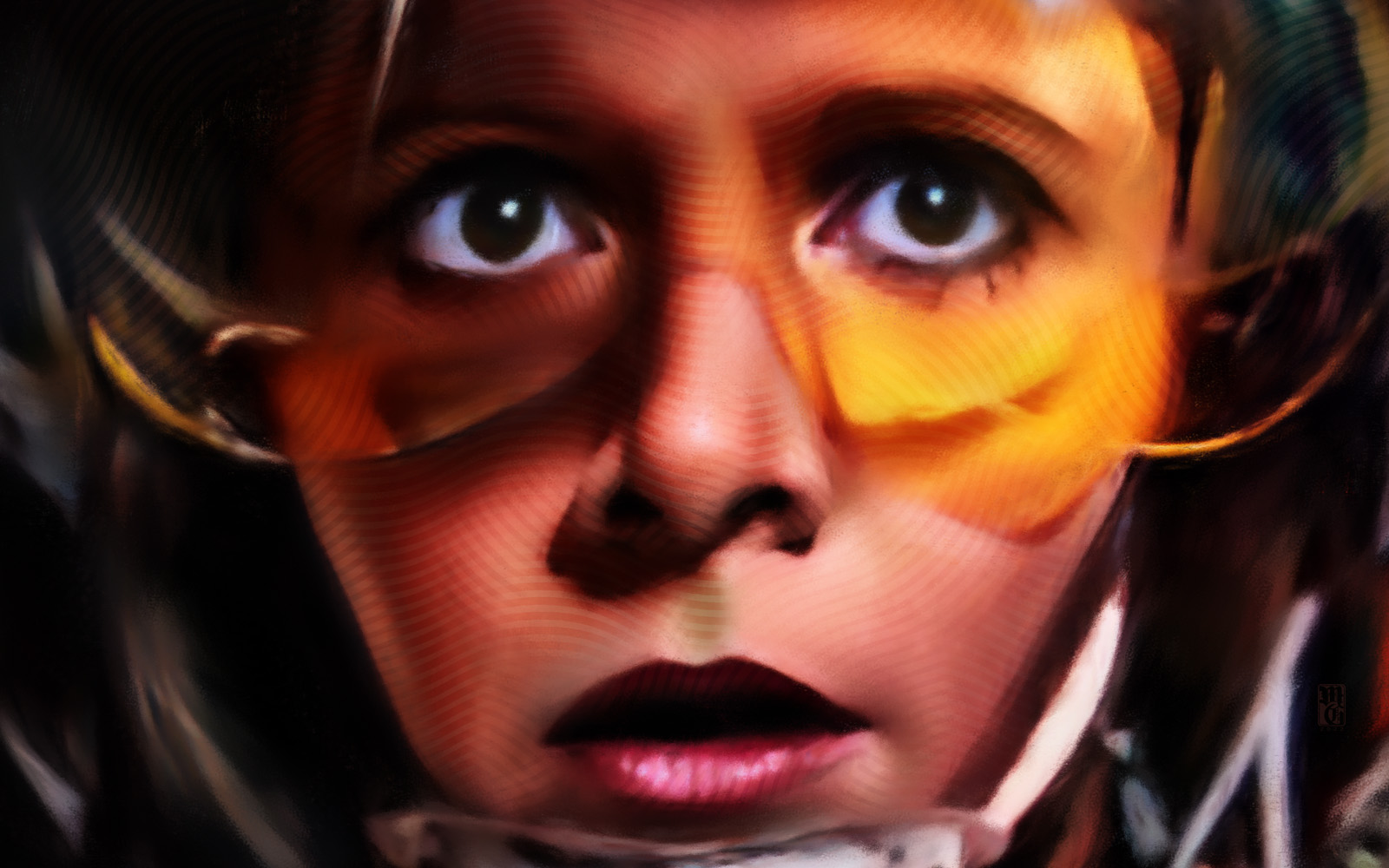 Detail of portrait of Carrie Fisher as Leia Organa, Red-Five, from Star Wars