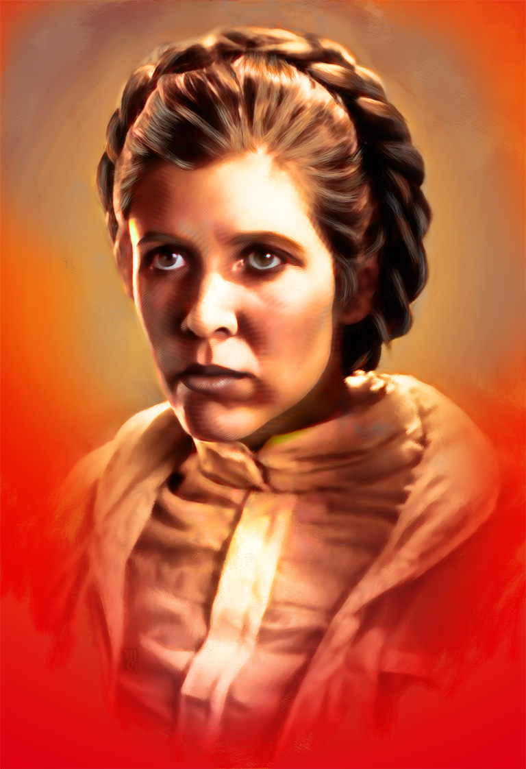 Leia 26c 768 Portrait of Carrie Fisher as Princess Leia Organa from the Star Wars universe of stories.