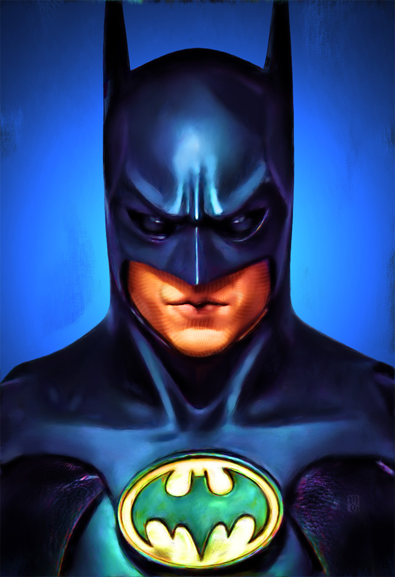 Portrait of Michael Keaton in his iconic role as Batman.