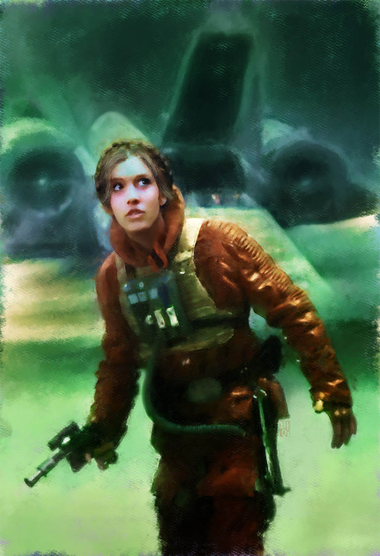 Portrait of Carrie Fisher as Leia Skywalker on Dagobah