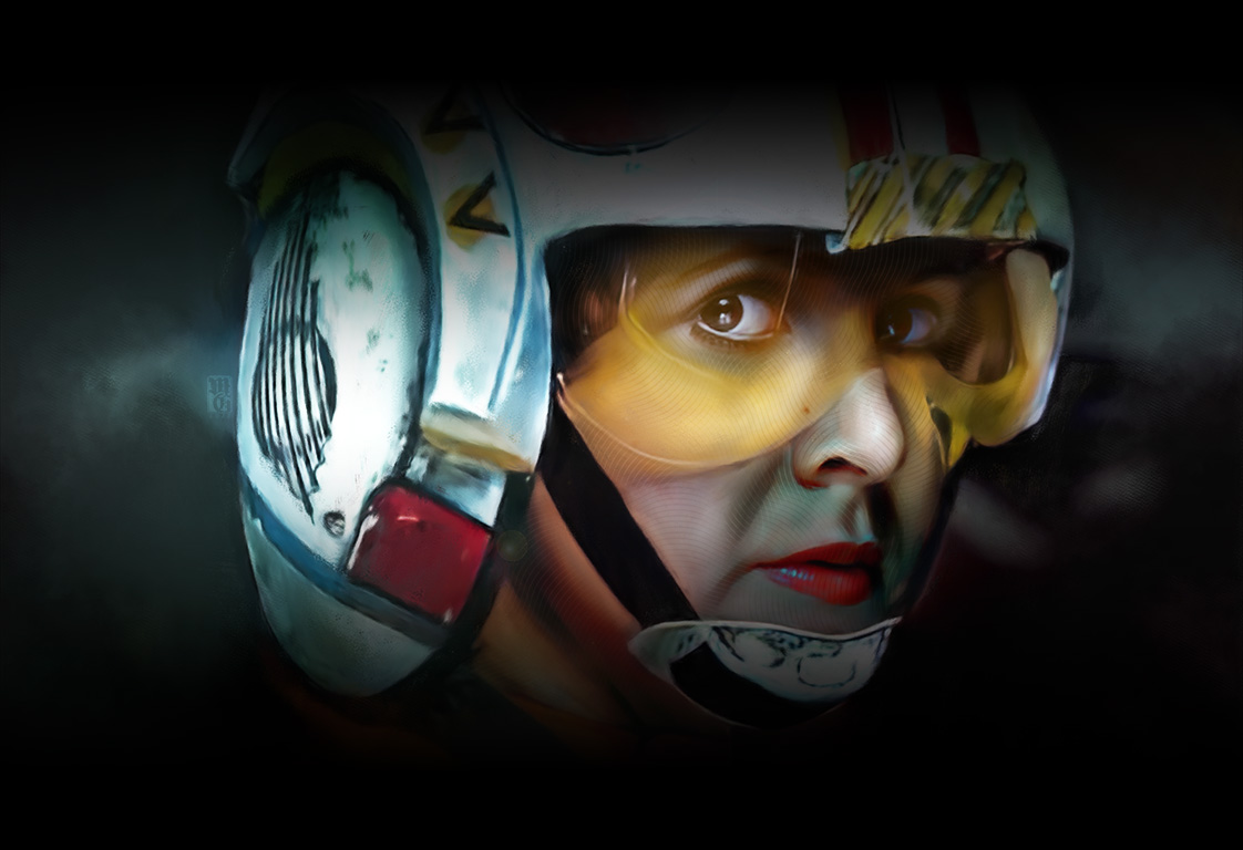 Portrait of Carrie Fisher as Leia Skywalker, X-Wing pilot and rebel alliance hero.