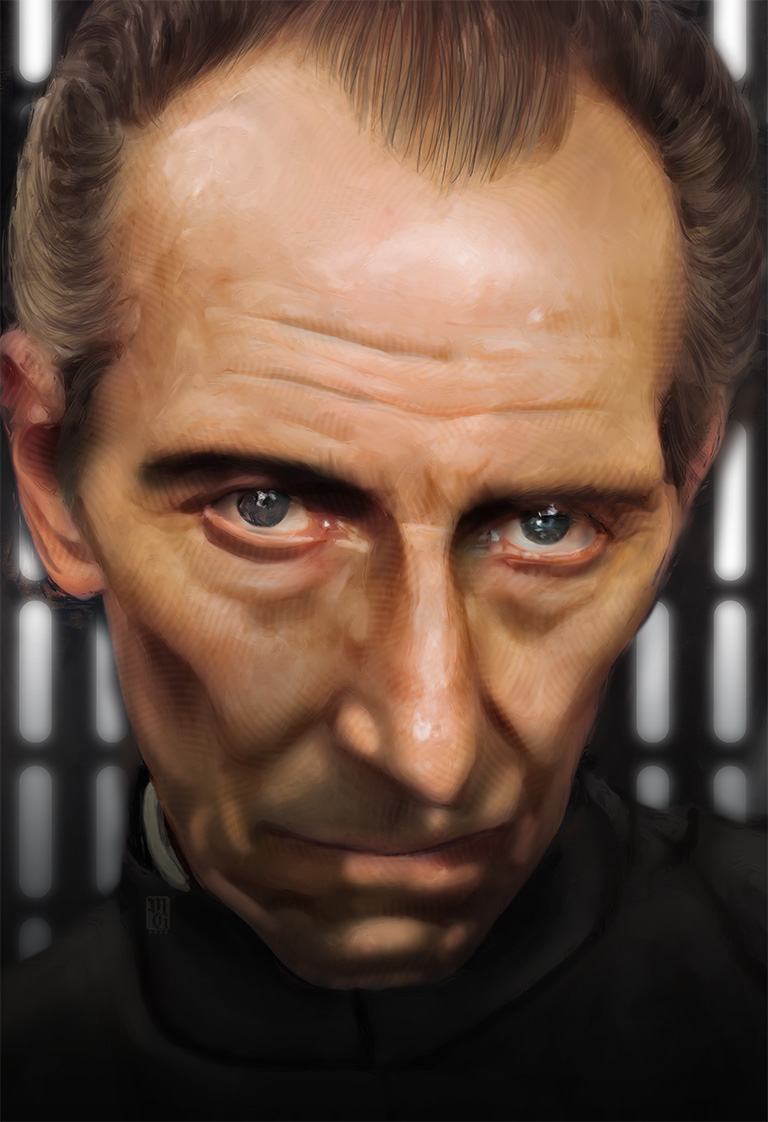 Portrait of Peter Cushing as the grand moff Wilhuff Tarkin.