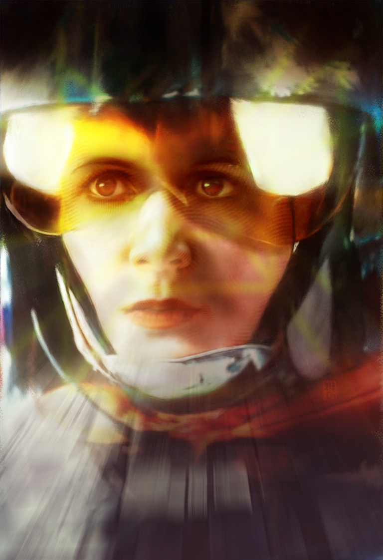 Reimagining portrait of Carrie Fisher as Leia Skywalker, the heroine of the rebellion and Jedi doyenne.